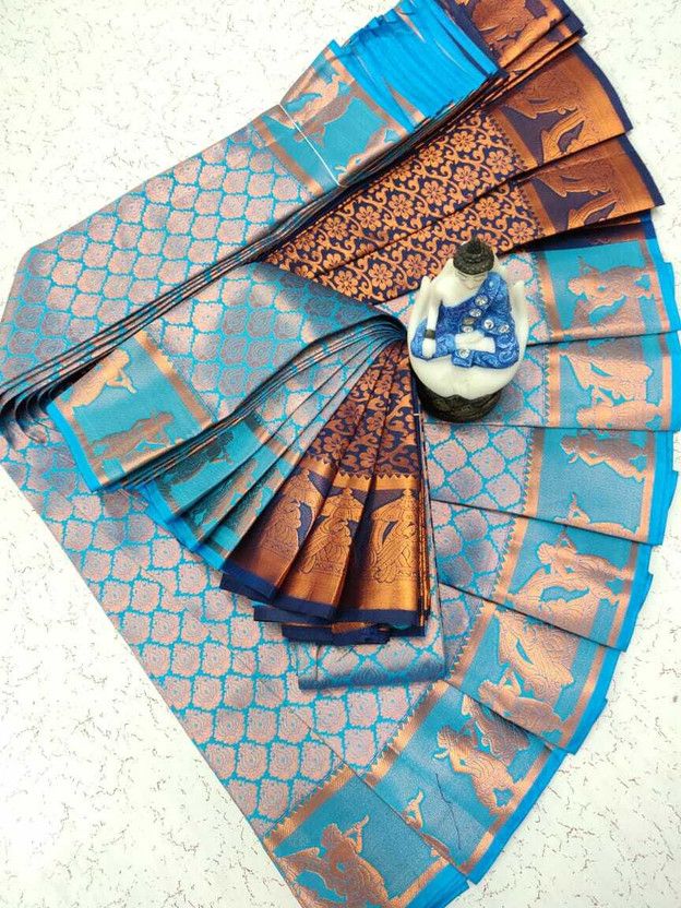 Checkered, Striped Kanjivaram Art Silk Saree  (Blue)