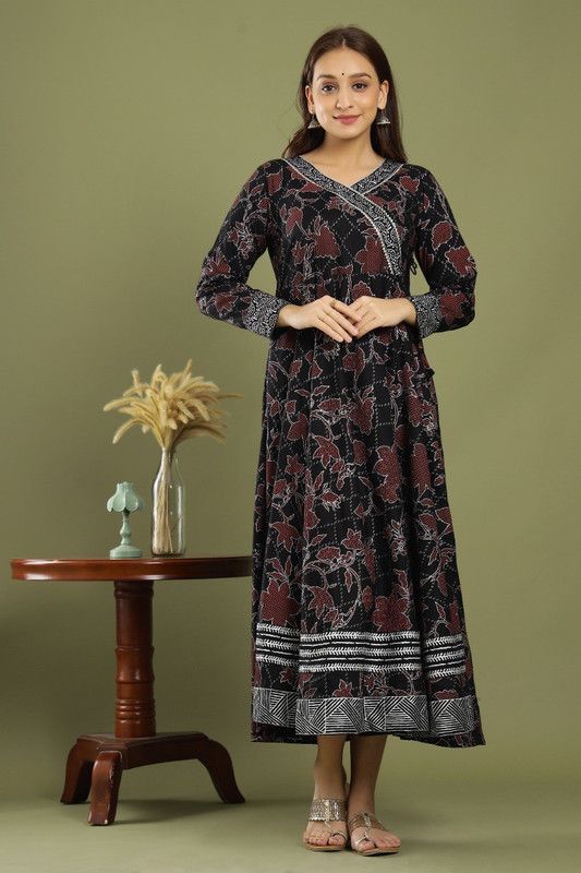 Women Printed, Embroidered Cotton Rayon Flared Kurta  (Black)