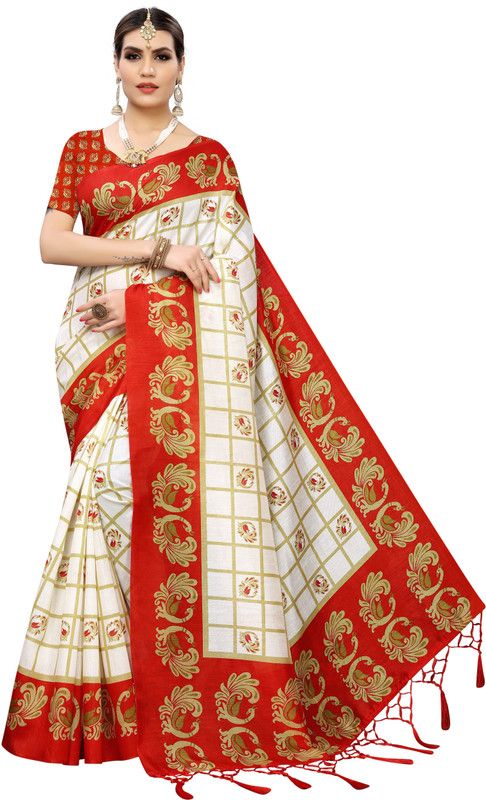 Checkered, Printed Mysore Art Silk Saree  (Red)