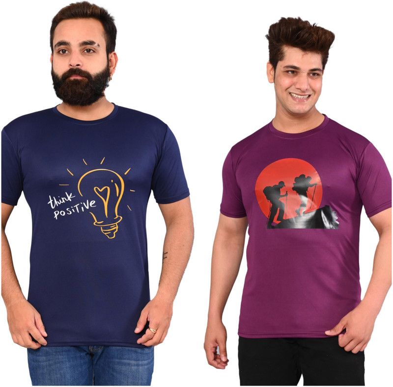 Pack of 2 Men Graphic Print Round Neck Elastane Purple, Navy Blue T-Shirt