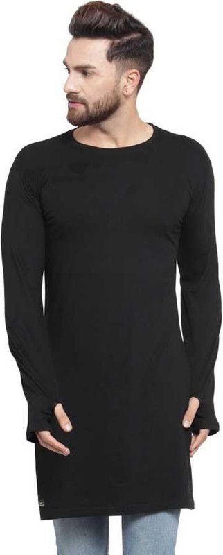 Solid Men's Full Sleeve Kurta T-Shirt Fully Cotton Blend T-Shirts - Solid Black01 Men Printed Round Neck Cotton Blend Black T-Shirt