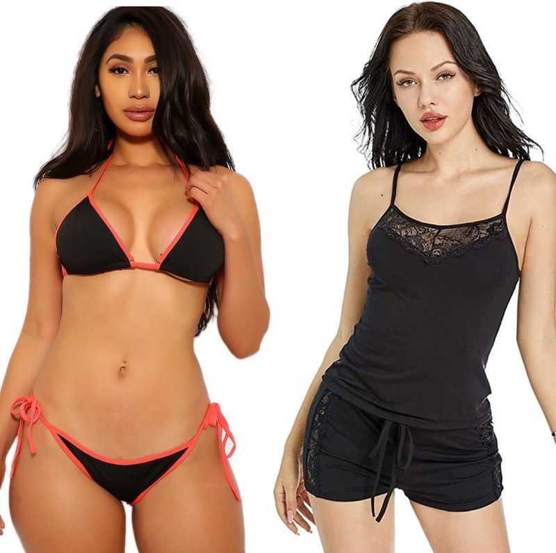 Bikni Set Solid Women Bikini Black Swimsuit