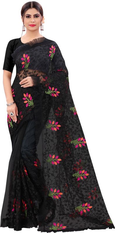 Embroidered Handloom Net Saree  (Black)