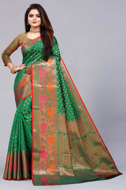 Banarasi Cotton Silk, Jacquard Saree  (Green)