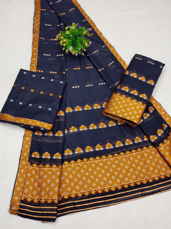Embroidered Mekhela Chador Cotton Blend Saree  (Blue)