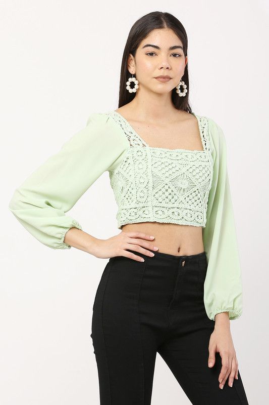 Casual Puff Sleeves Embroidered Women Light Green Top