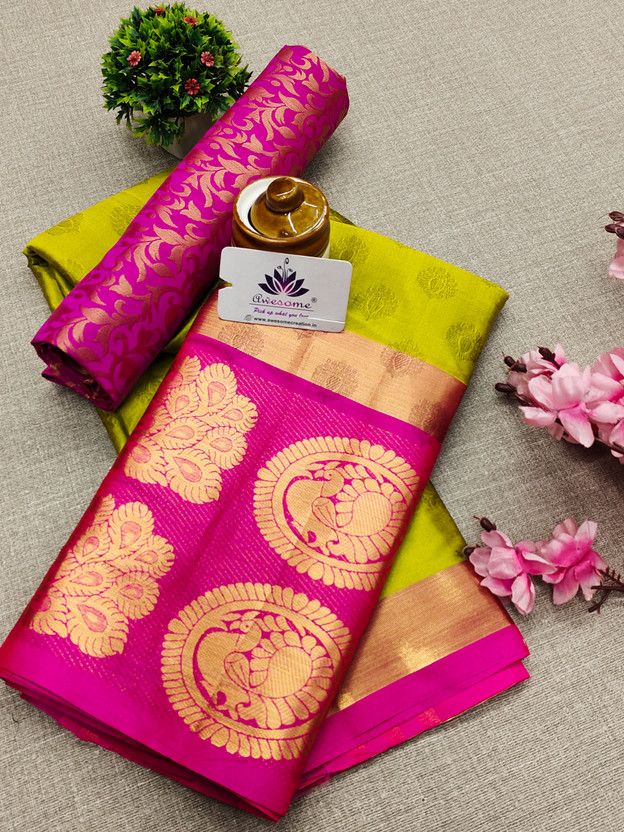 Woven Banarasi Cotton Silk Saree  (Yellow)