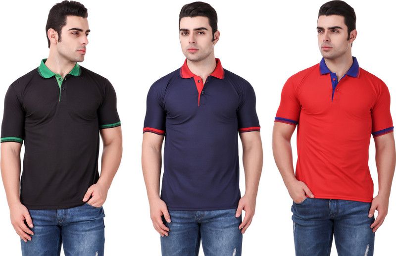 Pack of 3 Men Solid Polo Neck Polyester Multicolor T-Shirt
