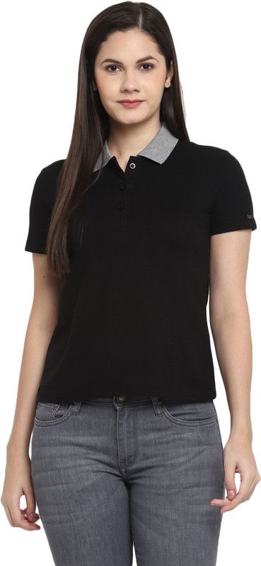 Women Solid Polo Neck Poly Cotton Black T-Shirt