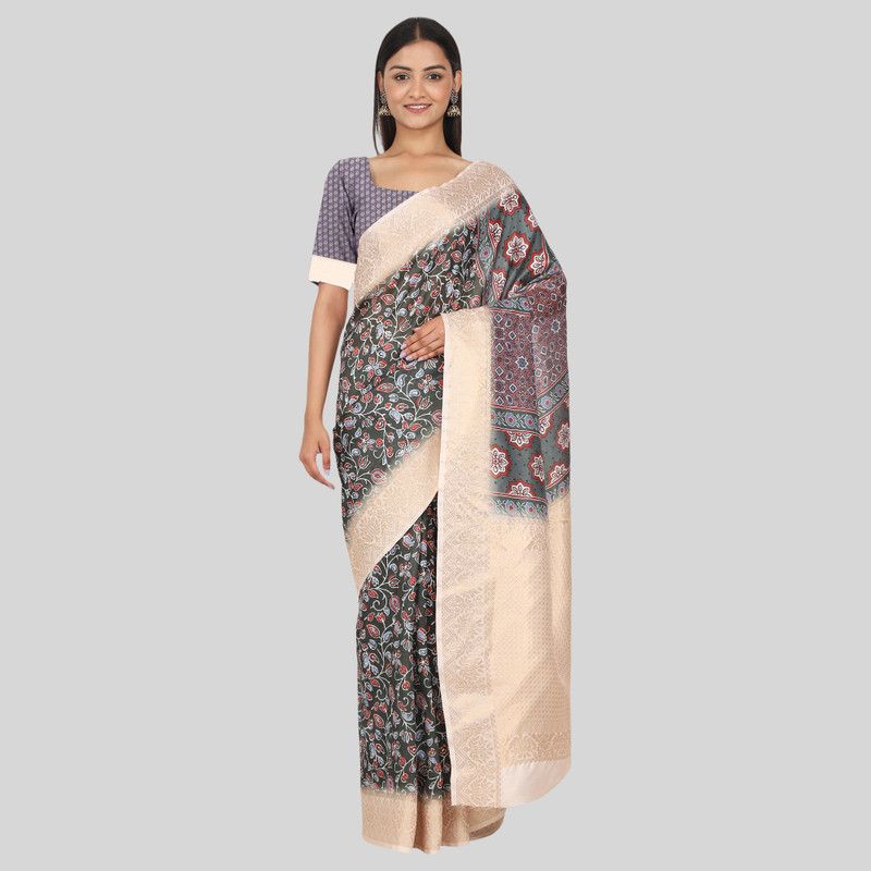Printed Banarasi Art Silk Saree  (Dark Green)