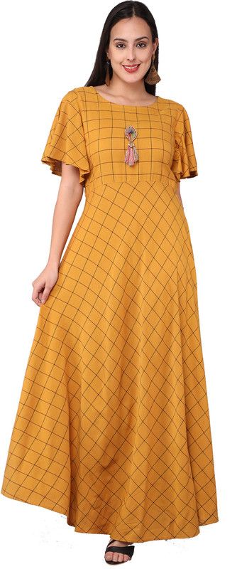 Self Design Rayon Blend Stitched Anarkali Gown  (Yellow)