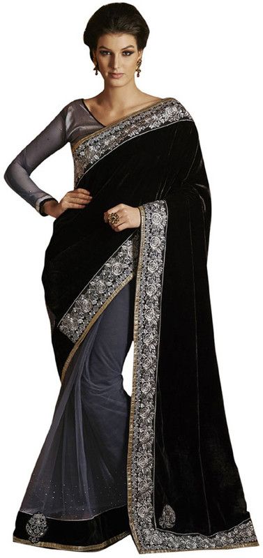 Self Design Bollywood Velvet Saree  (Black)