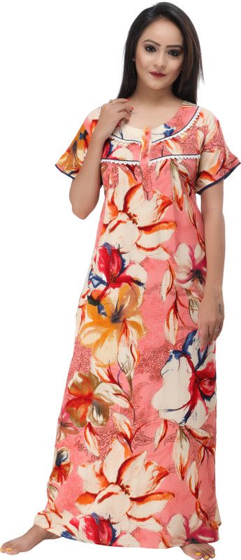 Women Nighty  (Multicolor, Pink)