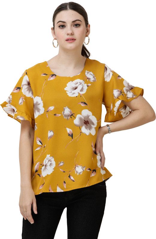 Casual Regular Sleeves Printed, Floral Print Women Yellow Top