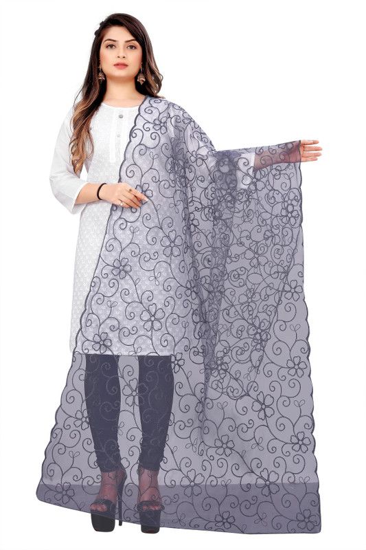 Net Embroidered Grey Women Dupatta