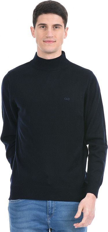 Men Solid High Neck Blue Sweater