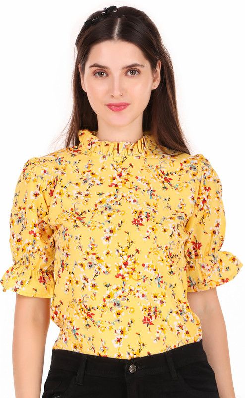 Casual Puff Sleeves Printed Women Yellow Top