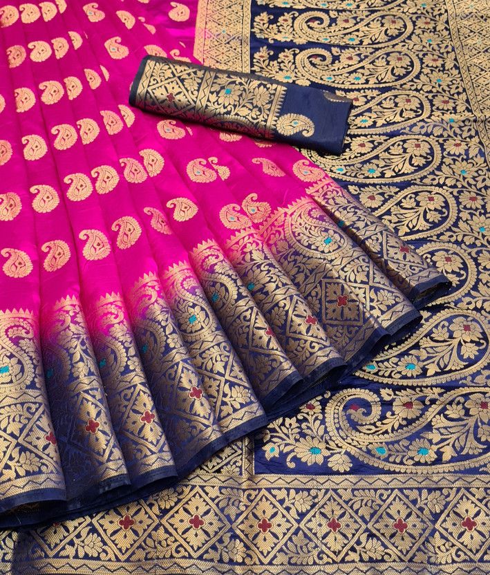 Woven Kanjivaram Cotton Silk Saree  (Dark Blue, Pink)