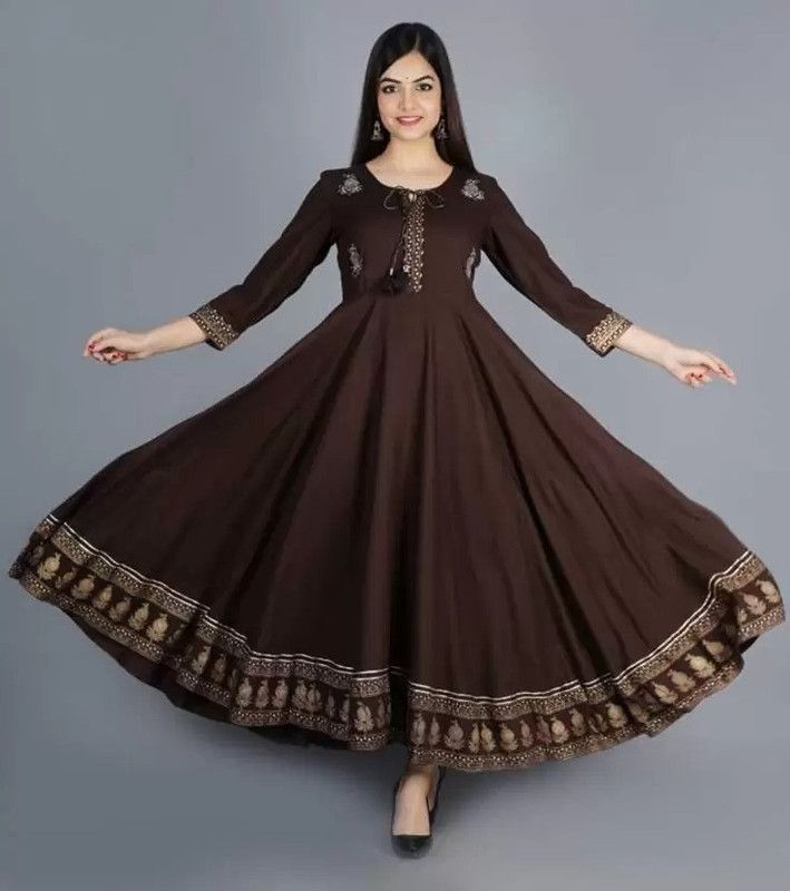 Women Printed, Embroidered Viscose Rayon Anarkali Kurta  (Brown)