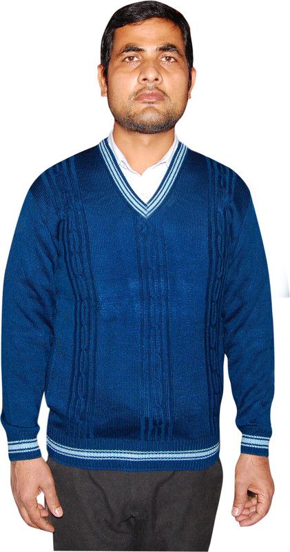 Men Self Design, Solid, Striped V Neck Blue Sweater