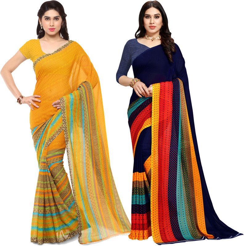 Printed Daily Wear Georgette Saree  (Pack of 2, Red, Blue, Yellow)
