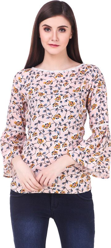 Casual Bell Sleeves Floral Print Women Pink Top