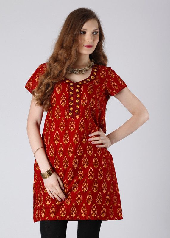 Women Printed Cotton Linen Straight Kurta  (Red, Yellow)