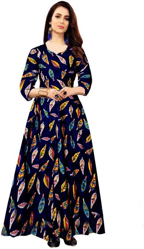 Printed Cotton Rayon Semi Stitched Anarkali Gown  (Blue)