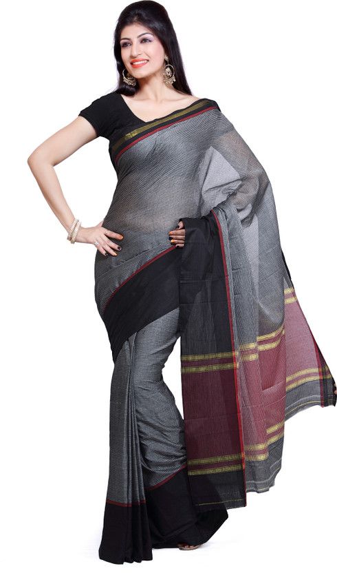 Striped Mangalagiri Cotton Blend Saree  (Grey)