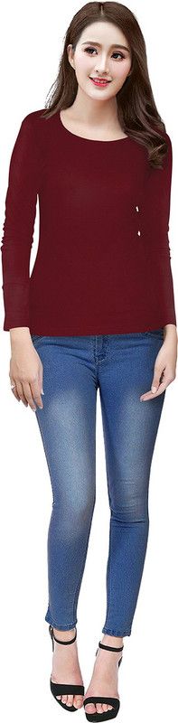 Casual Regular Sleeves Self Design, Solid Women Red Top