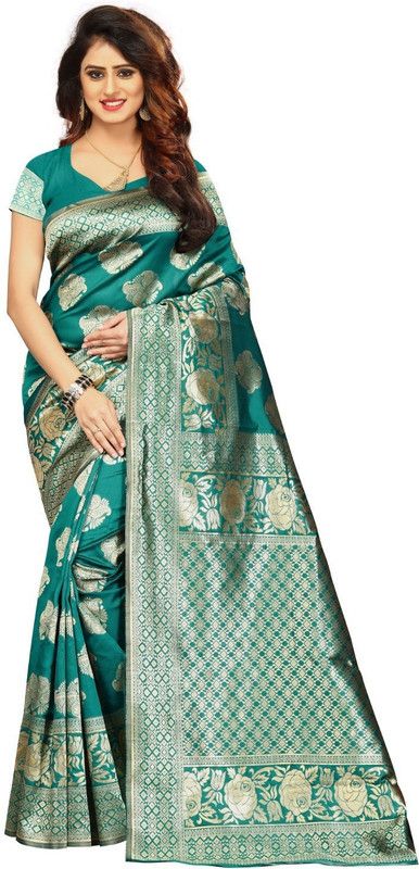 Woven Kanjivaram Silk Blend, Pure Silk Saree  (Green)