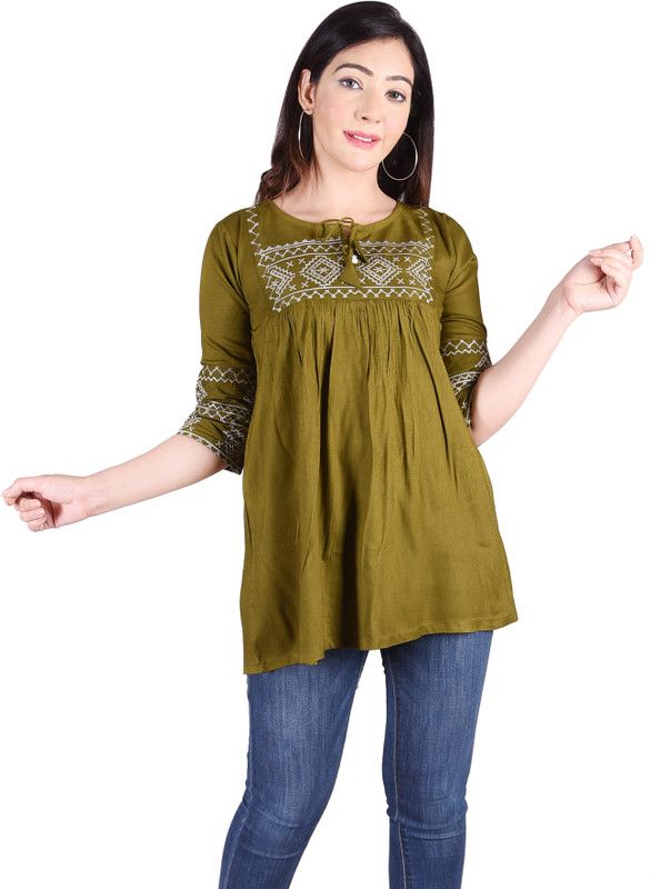 Casual Kimono Sleeves Printed, Color Block, Embroidered, Geometric Print Women Green Top