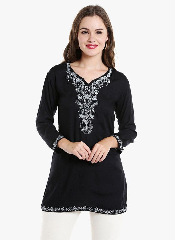 Party Regular Sleeves Embroidered Women Black Top