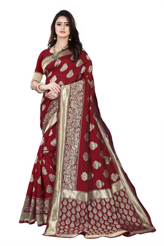 Woven Banarasi Cotton Blend Saree  (Maroon)