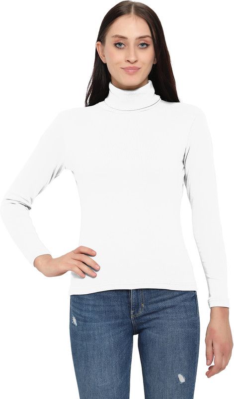 Women Solid High Neck Cotton Blend White T-Shirt