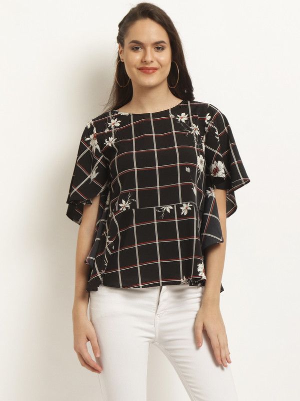Casual Flared Sleeves Checkered Women Black Top
