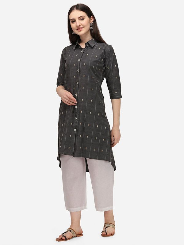 Women Striped Pure Cotton High Low Kurta  (Grey)
