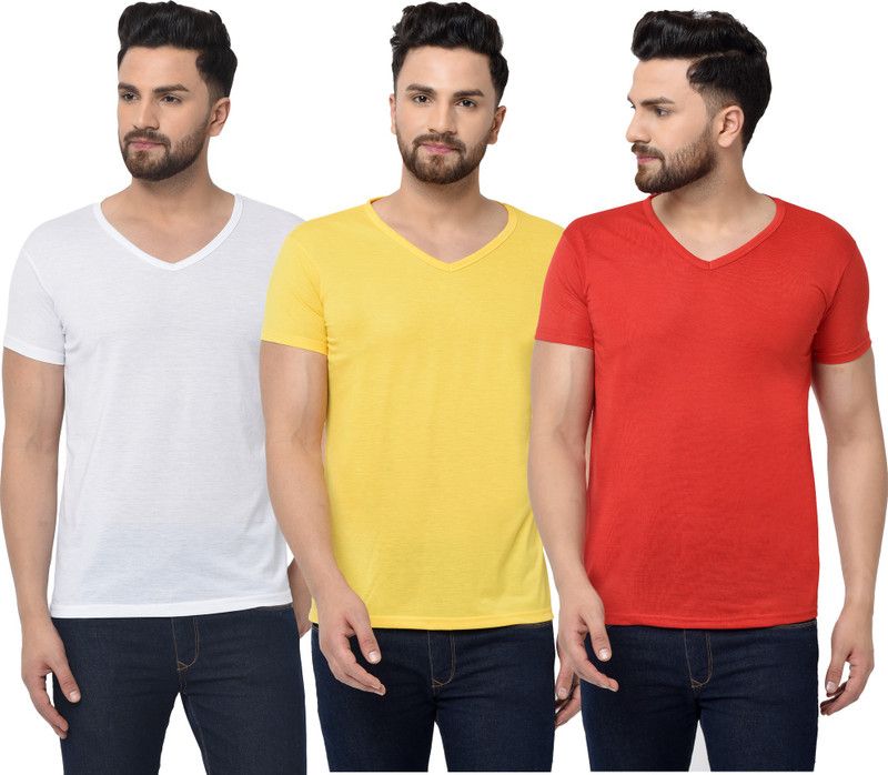 Pack of 3 V neck Combo T-shirts Multicolor Men Solid V Neck Cotton Blend Red, White, Yellow T-Shirt