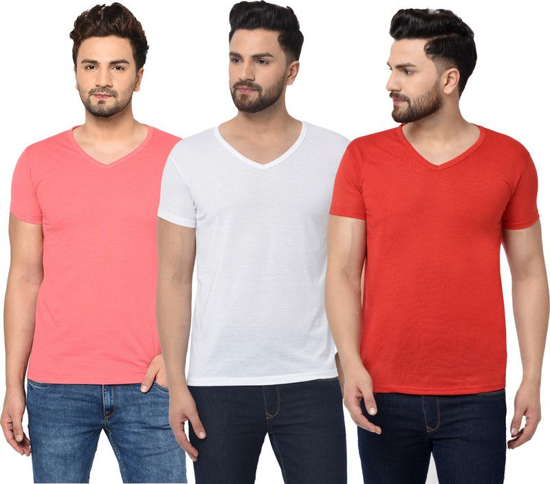 Pack of 3 Men Solid V Neck Cotton Blend Red, White, Pink T-Shirt