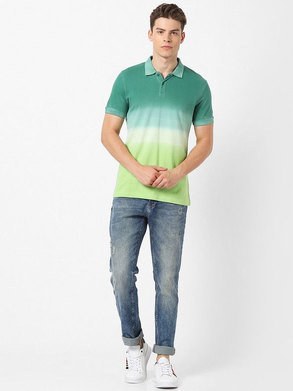 MD3AM144GREEN Men Washed/Ombre Polo Neck Pure Cotton Green T-Shirt