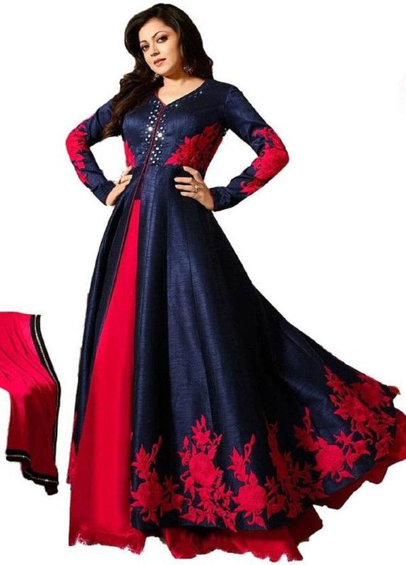 Embroidered Silk Blend Semi Stitched Anarkali Gown  (Red, Blue)