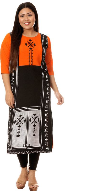 Women Printed Crepe Straight Kurta  (Black, Orange)