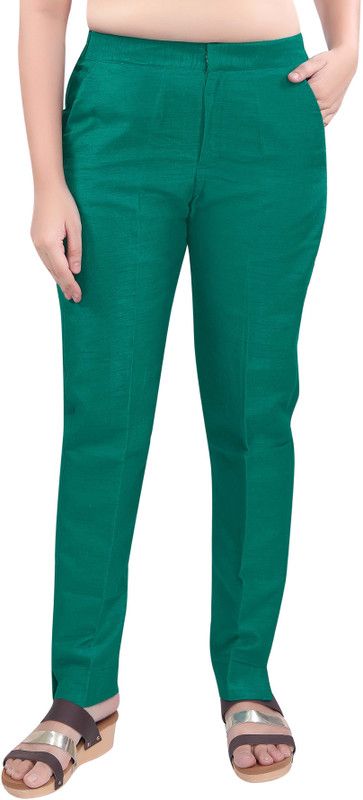 Women Slim Fit Green Pure Silk Trousers