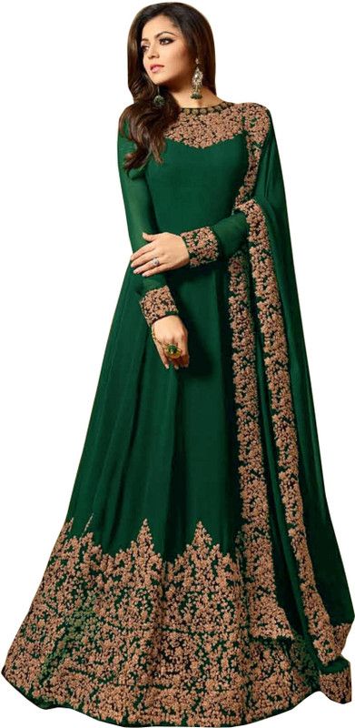 Embroidered Georgette Semi Stitched Anarkali Gown  (Green)