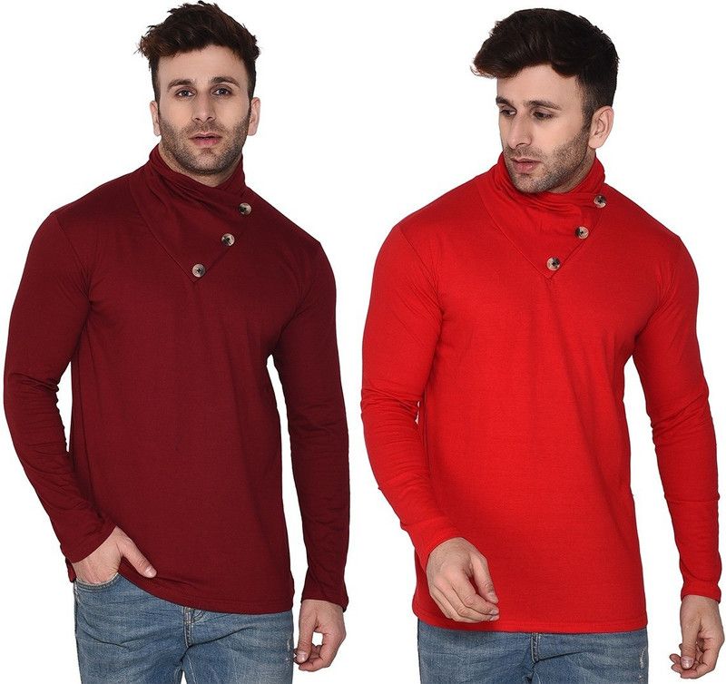 Pack of 2 Faizaan Men Solid High Neck Cotton Blend Red, Maroon T-Shirt
