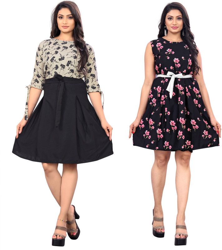 Women Fit and Flare Grey, Black Dress
