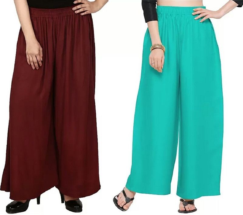 Pack of 2 Women Regular Fit Green, Maroon Viscose Rayon Trousers