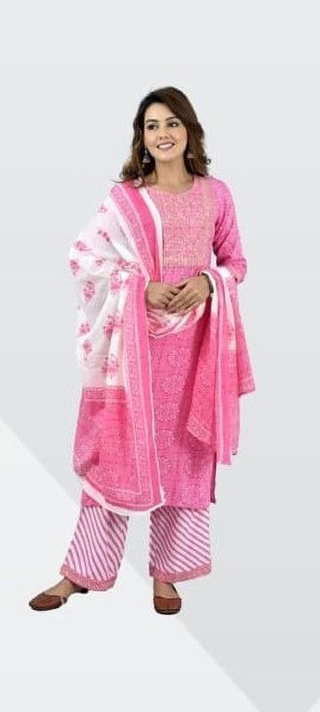 Women Floral Print Cotton Blend, Cotton Rayon Straight Kurta  (Pink)