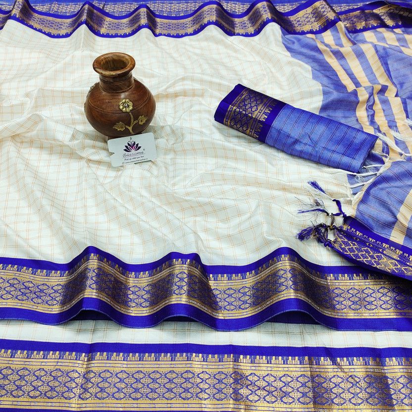 Checkered Kovai Jacquard, Pure Silk Saree  (White)