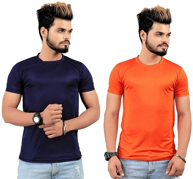 Pack of 2 Men Solid Round Neck Polyester Dark Blue, Orange T-Shirt
